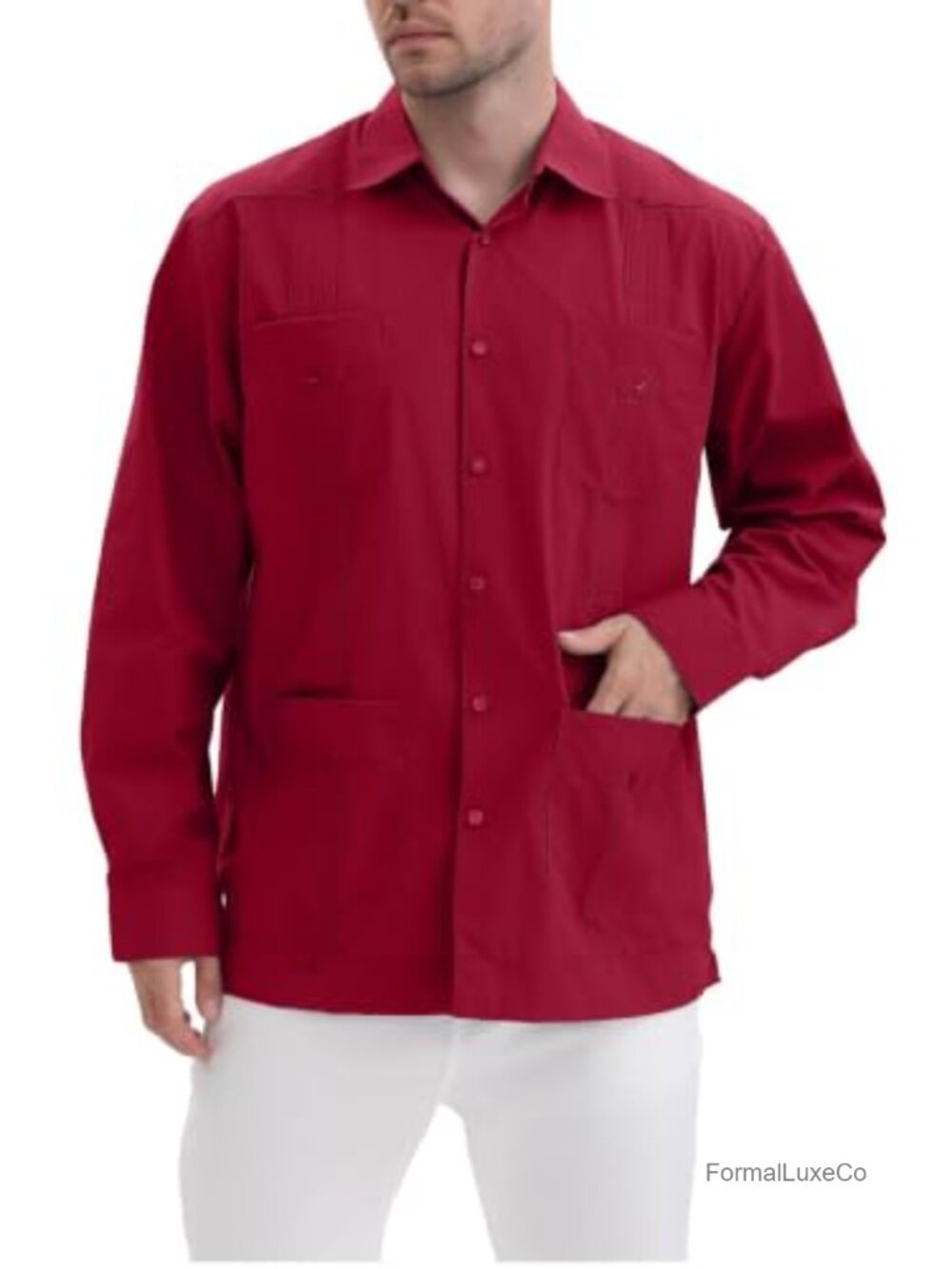 Men's Long Sleeve Guayabera Shirt Snap Button Cuban Four Pockets
